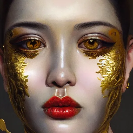 Prompt: Kiko Mizuhara body and face painted gold all over, physically accurate, very very very dramatic dynamic lighting, intricate, elegant, highly detailed, digital painting, artstation, very hyperrealistic, HR GIGER, Hieronymus Bosch, Francis Bacon, concept art, smooth, sharp focus, illustration, art by artgerm and greg rutkowski and alphonse mucha