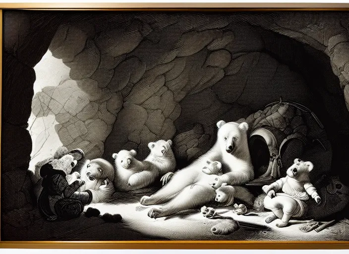 Prompt: Pieter Claesz's 'bear and her cubs sleeping in a dark cave lit by campfire', night time, cross hatching, framed