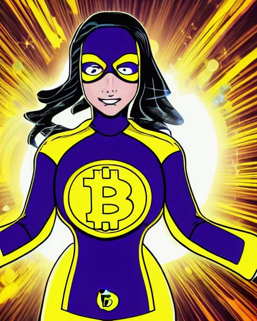 Image similar to bitgirl superhero woman yellow and black skin suit with bitcoin logo on chest, epic comic book cover