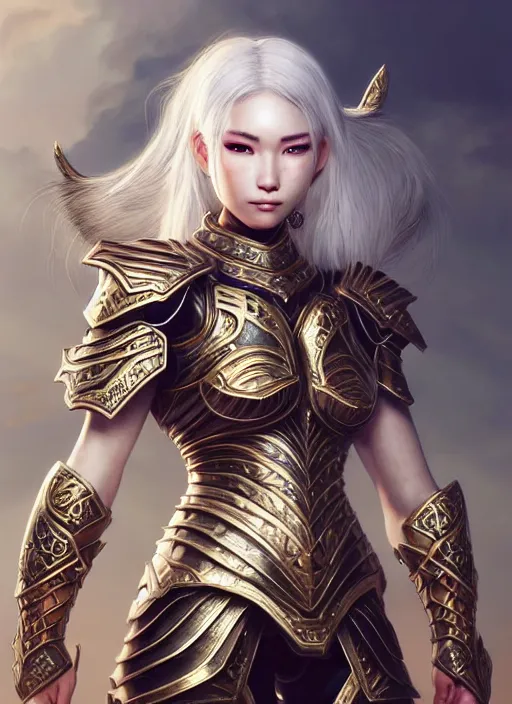 Image similar to warrior, intricate ornate opal heavy armor!!! beautiful and athletic white hair female!! gorgeous face and eyes!! character concept art, sharp focus, octane render! unreal engine 5! highly rendered!! trending on artstation!! detailed linework!! illustration by artgerm, wlop, and chie yoshii