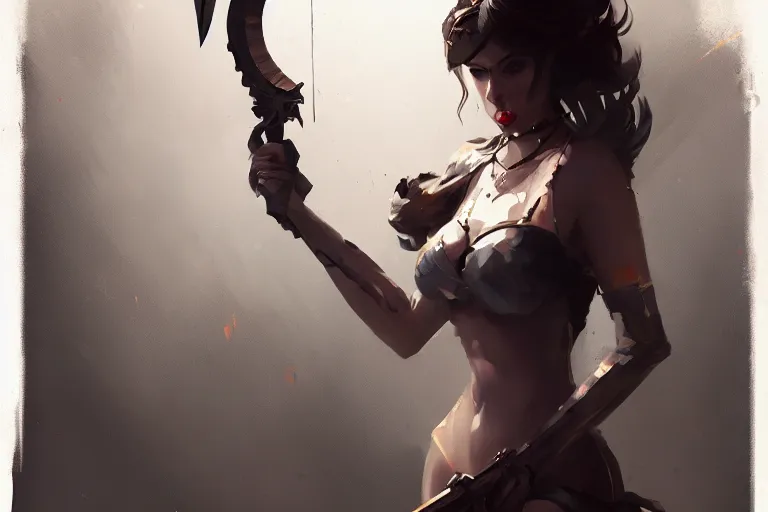 Image similar to seductive goddes holding a grim reapers tool in a modern city in the style of Durand and greg rutkowski, beautiful, geometric, trending on artstation, cinematic