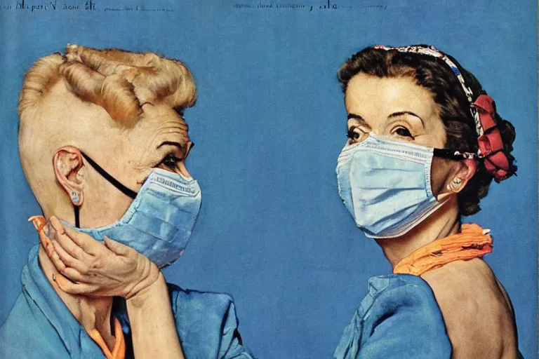 Prompt: portrait of a woman! wearing a jacket!!! wearing a chirurgical blue!!! mask, happy, norman rockwell!