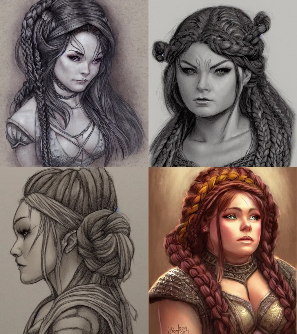 Prompt: plump female dwarven commoner | complex braided hairstyle | pencil sketch | hyperdetailed | ralph horsley | bust portrait | dungeons and dragons |