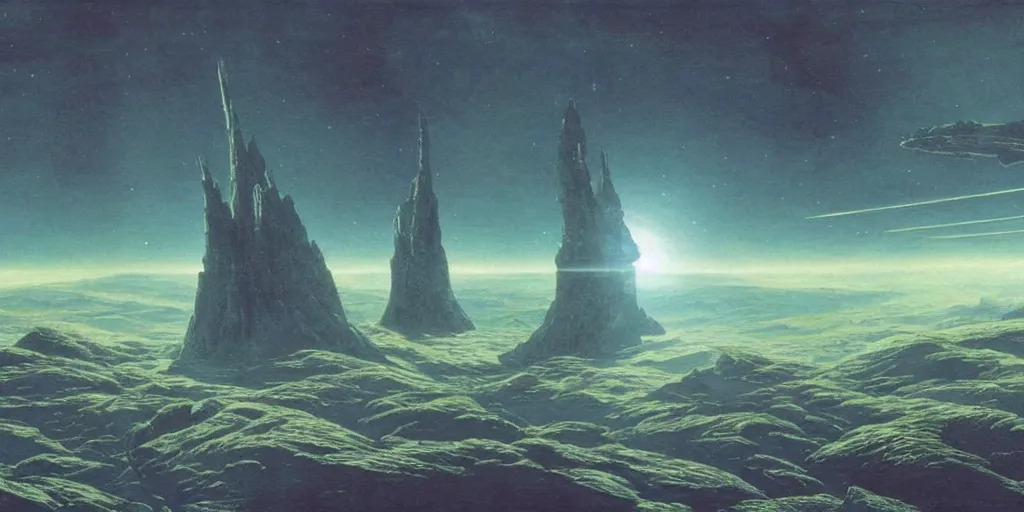 Image similar to large spaceship orbiting over a alien planet, volumetric light from nearby star, style by caspar david friedrich and wayne barlowe and ted nasmith.