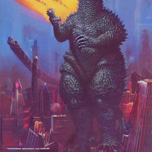 Prompt: a large anthropomorphic godzilla wearing a business suit by paul lehr and moebius
