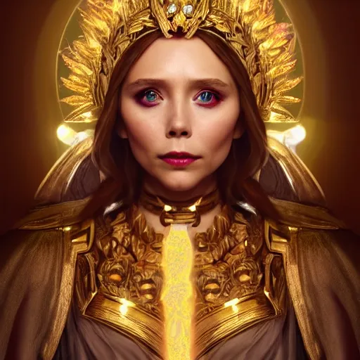 Prompt: elizabeth olsen as the goddess of wealth and riches!!!!!!, golden ratio!!!!!, centered, trending on artstation, 8 k quality, cgsociety contest winner, artstation hd, artstation hq, luminous lighting