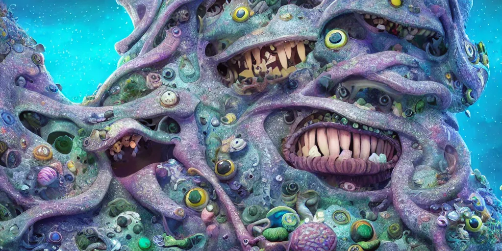 Image similar to of an intricate sea reef with strange cute friendly happy creatures with huge eyes, mouth, long tongue, round teeth and goofy face, appearing from the background, in the style of gehry and gaudi, macro lens, shallow depth of field, ultra detailed, digital painting, trending artstation, concept art, illustration, cinematic lighting, photorealism, epic, octane render