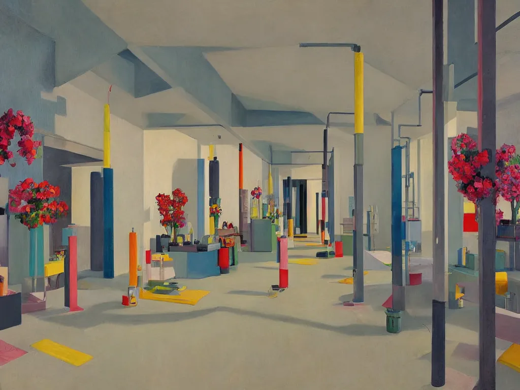 Image similar to colorful minimalist industrial interior hallway with monolithic pillars in the style of ridley scott and stanley kubrick, impossible stijl architecture, bed of flowers on floor, ultra view angle view, realistic detailed painting by edward hopper