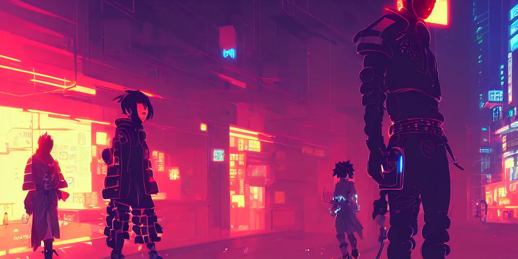 Image similar to digital illustration closeup of cyberpunk samurai in city street at night by makoto shinkai, ilya kuvshinov, lois van baarle, rossdraws, basquiat | afrofuturism, in the style of hearthstone, trending on artstation | cool color scheme