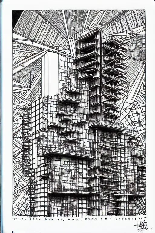 Image similar to a black and white drawing of a science fiction building, cityscape, a detailed mixed media collage by hiroki tsukuda and eduardo paolozzi and moebius, intricate linework, sketchbook psychedelic doodle comic drawing, geometric, street art, polycount, deconstructivism, matte drawing, academic art, constructivism
