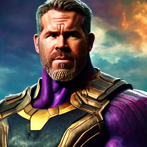 Prompt: Ryan Reynolds as Thanos, high quality image, high quality render, 8K, max definition, art station