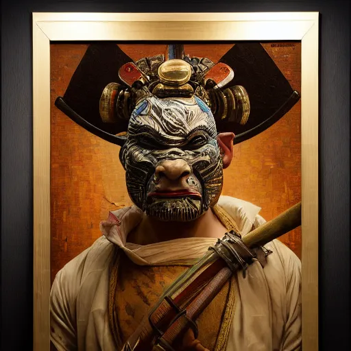 Image similar to highly detailed oil painting | very intricate | cinematic lighting | award - winning | a mosaic of oni samurai masks | by roberto ferri, by tom bagshaw, by j. c. leyendecker and klimt, beautiful cinematic light, american romanticism, by austin osman spare, artstation, cgsociety, official art, octane