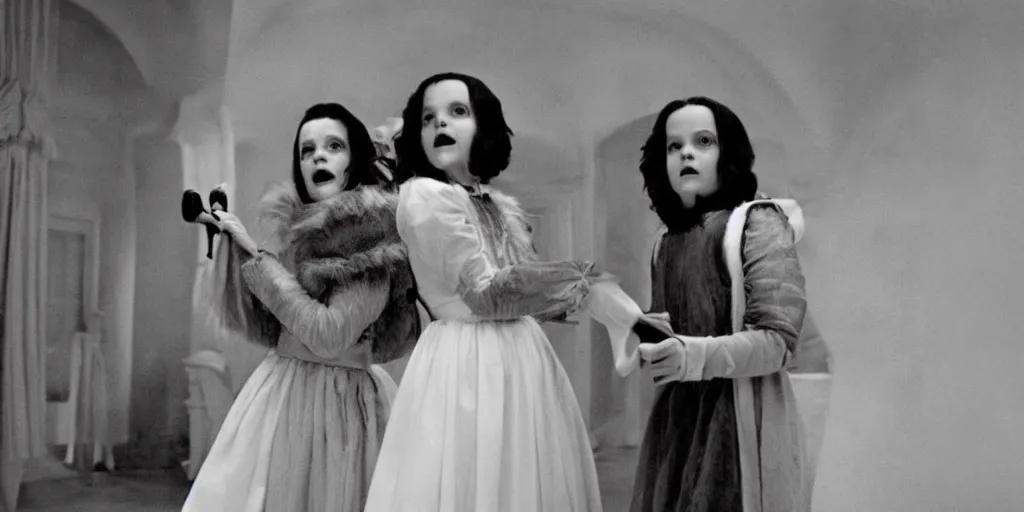 Prompt: a still from Snow White of the twins from The Shining, overlook hotel