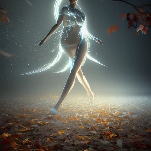 Image similar to a highly detailed digital image of a futuristic elegant woman shattering in the shape of leaves, artstation, extremely detailed woman, stunning volumetric lighting, 4k,