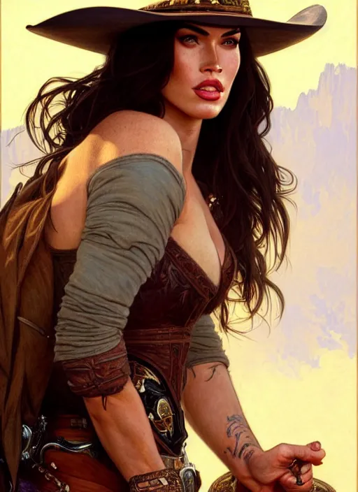 Image similar to portrait of megan fox as cowboy, 1 8 9 0, western, hat, colt, intricate, headshot, highly detailed, digital painting, artstation, concept art, sharp focus, cinematic lighting, illustration, art by artgerm and greg rutkowski, alphonse mucha, cgsociety