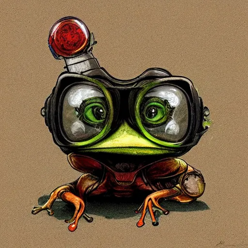 Prompt: Anthropomorphic frog who wears goggles and apocalyptic tech,greg rutkowski,and Sarah Andersen,ambient style, very detailed,detailed,detailed