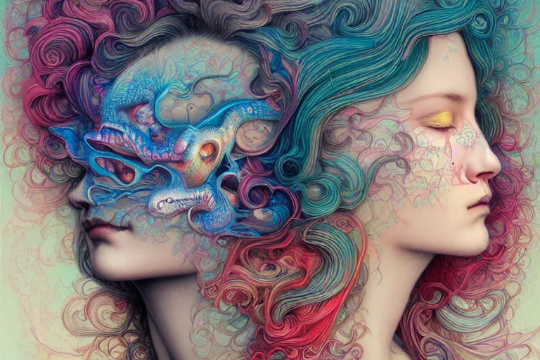 Prompt: very very very colorful hyperdetailed realistic face portrait octane render, very very very vibrant, artwork by james jean, chiara bautista, smooth polished porcelain, beautiful cloud dragon goddess, jean delville, art nouveau, james jean spiraling clouds