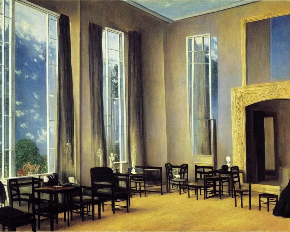 Image similar to achingly beautiful painting of a sophisticated, well - decorated, modern salon by rene magritte, monet, and turner.