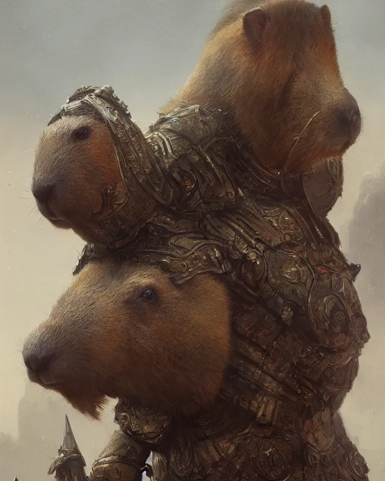 Prompt: portrait of a capybara warrior, elegant intricate armour, highly detailed, matte painting, artstation, 4 k, concept art, greg rutkowski