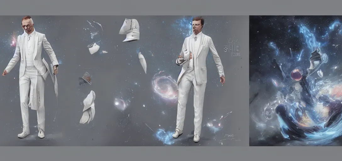 Image similar to character sheet concept art of a galaxy - print man wearing a white three - piece suit, realistic, hyperrealistic, photographic, costume, wlop, dan mumford, greg rutkowski, high detail, octane render, alexander mcqueen, james gurney, james jean, mucha, photo, 8 k, intricate