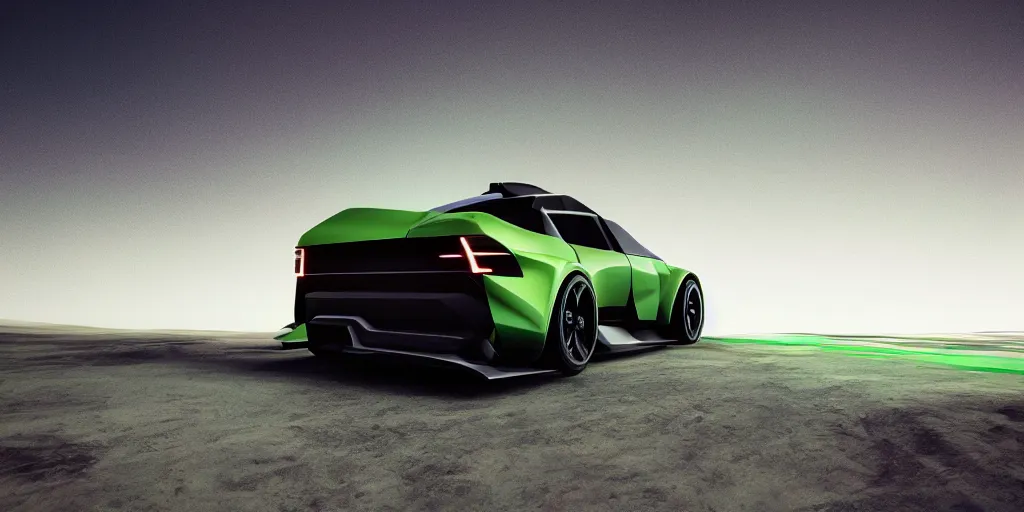 Prompt: a design of a futuristic race car, lifted off-road tires, designed by Polestar and DMC, vaporwave sunrise background, brushed green copper car paint, black windows, dark show room, dramatic lighting, hyper realistic render, depth of field
