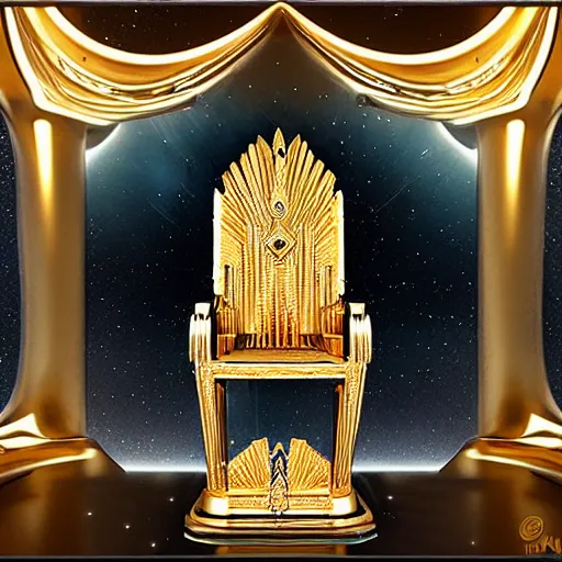 Prompt: golden chrome art deco throne in space