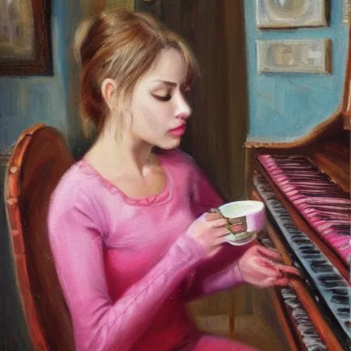 Prompt: highly detailed painting of beautiful russian girl playing a pink keyboard with a cup of tea, realistic,