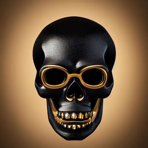 Image similar to high quality octane render of black skull made of black onyx and porcelain with golden teeth, 3d blender, corona render, digital art