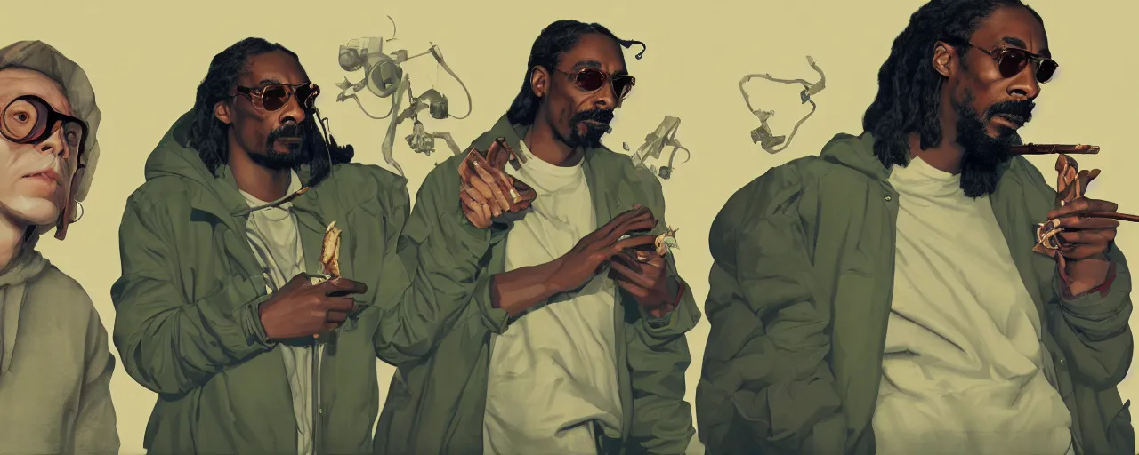 Image similar to duotone olive illustration 3 / 4 portrait of 3 people smoking joints snoop dogg and gandalf from lord of the rings and elon musk composition accidental renaissance golden ratio. by sachin teng and sergey kolesov and ruan jia and heng z. graffiti art, scifi, fantasy, hyper detailed. octane render. concept art. trending on artstation