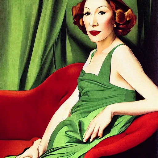 Image similar to portrait of write diva clarice lispector reclining on the sofa, green dress, by j. c. leyendecker, tamara de lempicka