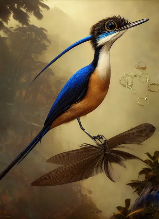 Image similar to hyper realistic paradise flycatcher, refined details, denoised, birds eye view, magical, gems, jewels, gold, steampunk, cyberpunk utopia, painted by tom bagshaw, mucha, gaston bussiere, craig mullins, j. c. leyendecker 8 k