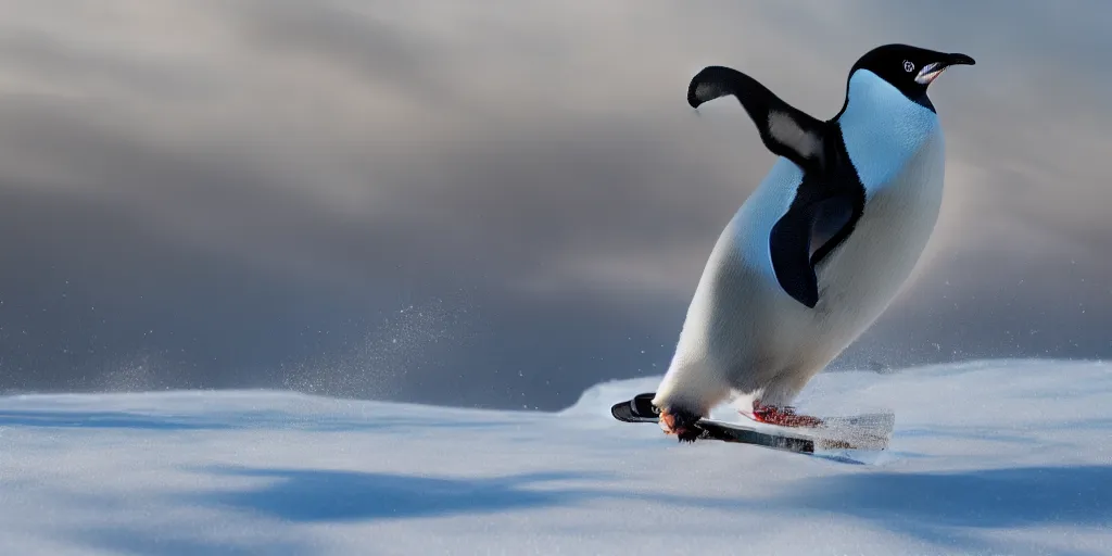 Prompt: ultrawide angle, high speed sporting photography of a penguin on a snowboard. extremely detailed, 8 k