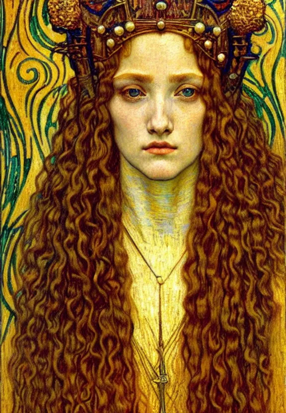 Image similar to detailed realistic beautiful young medieval queen face portrait by jean delville, gustav klimt and vincent van gogh, art nouveau, symbolist, visionary, gothic, pre - raphaelite, muted earthy colors, desaturated