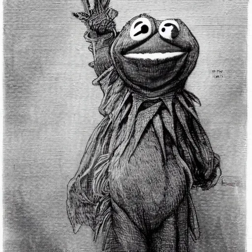 Prompt: full body grayscale drawing by Gustave Dore of Kermit the Frog, Sesame Street, swirling flames