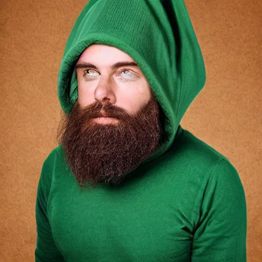 Prompt: studio photo of bearded person made of avocado, wearing avocado hood, portrait, close - up