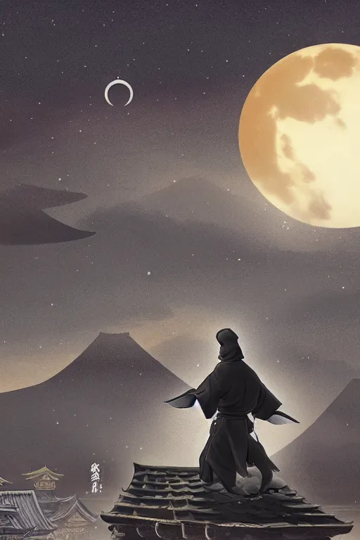 Image similar to a ninja on a roof of a japanese temple with the moon on the background, mixed media, digital art, trending on artstation, 8k, epic composition, highly detailed, AAA graphics