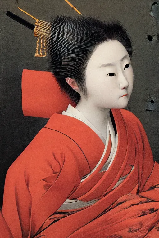 Image similar to Baroque painting of a female Japanese Samurai, inspired by Gustav Moreau and Wayne Barlowe, exquisite detail, hyper realism, ornate, exquisite detail, cute face