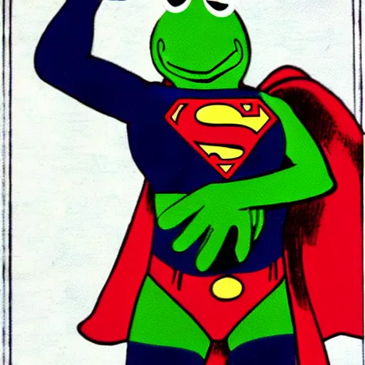 Image similar to superman holding kermit the frog by the throat, floating, superheroes, comic