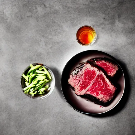 Prompt: a steak in a bowl of water, food photography gourmet, trendy food, macro photography high contrast