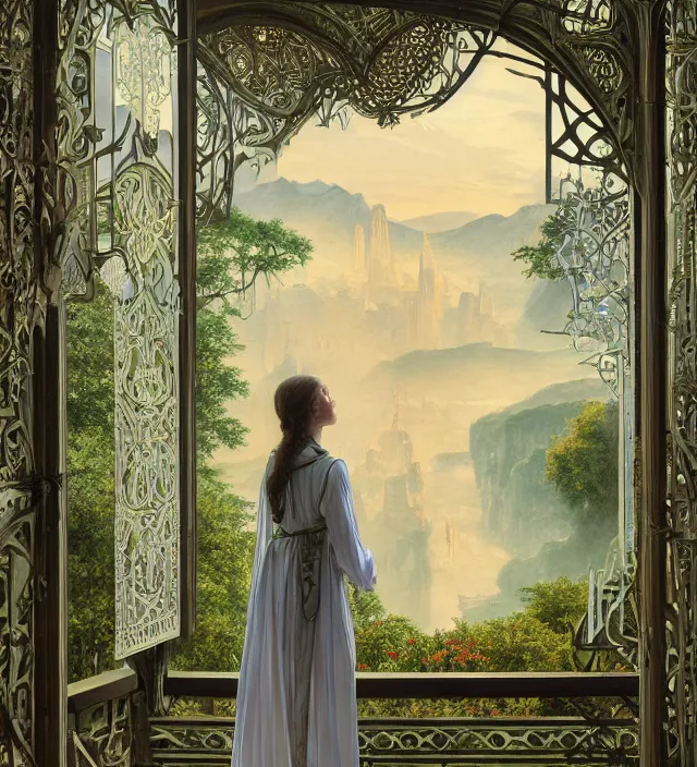 Image similar to intricate oil painting of a young elf woman wearing white and light green, looking out at the sunrise over rivendell from her art nouveau balcony, elegant, digital painting, smooth, sharp focus, illustration, ultra realistic, 8 k, by bouguereau, alphonse mucha, artgerm, and donato giancola