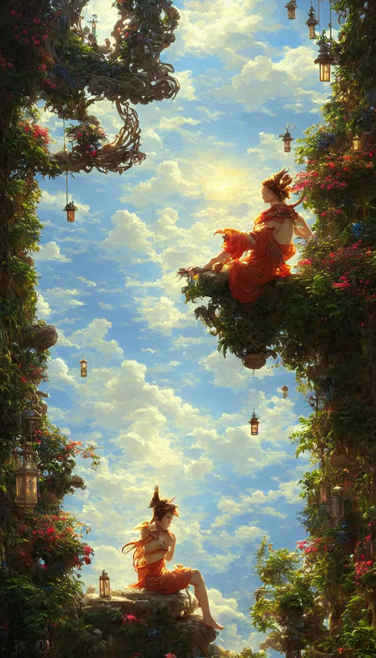 Image similar to wind deity enjoying the view from his stone heavenly palace, decorated with windchimes and paper lanterns, stunning nature and clouds in background, digital art, stanley artgerm lau, greg rutkowski, thomas kindkade, alphonse mucha, loish, norman rockwel