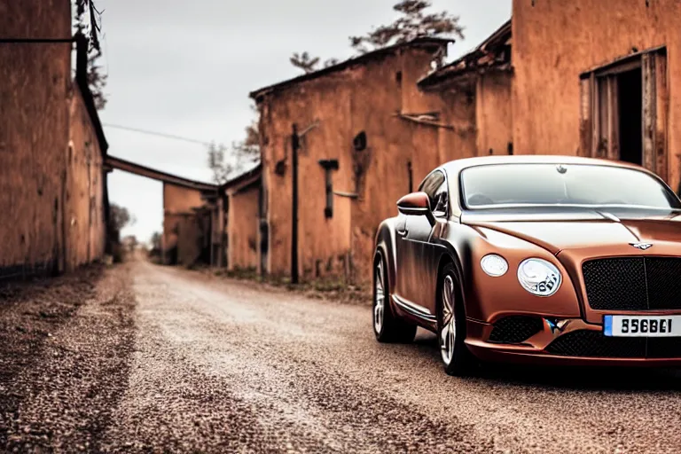 Image similar to modern rusty matte tired Bentley Continental GT without gloss no reflections drives along the road of an old Russian village with houses at the edges