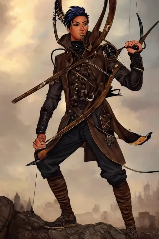 Prompt: Full body Picture of a Male archer, steampunk, black leahter gloves, leather duffle coat, marked muscles, brown skin, light blue hair, brown eyes, detailed face, combat stance, black denim pants, techno bow and metal arrows, urban jungle, epic fantasy, city in the background, steampunk, D&D, by artgerm and Craig Mullins, James Jean, Andrey Ryabovichev, Mark Simonetti, Genzoman, and Peter Morbacher, matte painting, trending on artstation, artstationHD, artstationHQ, octane, full HD, 16K