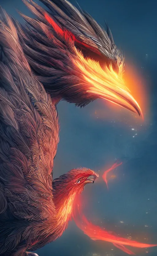 Prompt: a phoenix bird, fire, ash electric, furry, soft, concept art, sharp focus, intricate details, highly detailed, photorealistic, disney pixar, octane render, iridescent, anime, 8 k