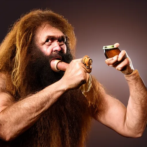 Prompt: photo of ancient caveman shotgunning a single beer can, full body, high detail, ultra realistic, 4k UHD, pristine