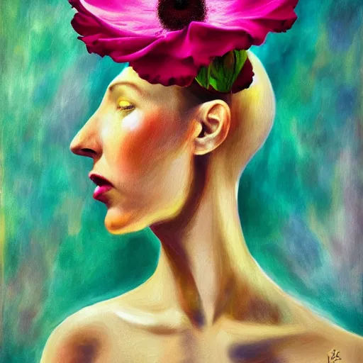 Prompt: huge flower as head, woman standing in a luxury apartment, surreal photography, dramatic light, impressionist painting, digital painting, artstation, georgia o'keeffe