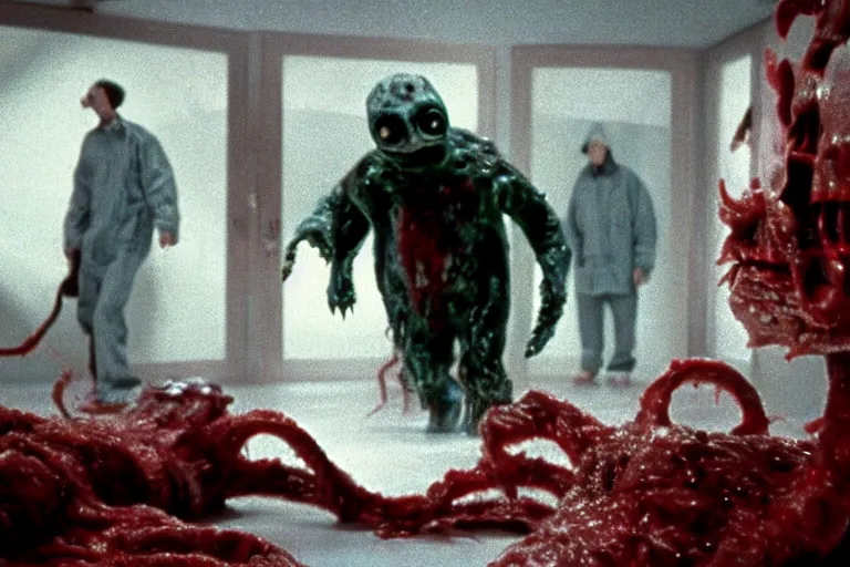 Prompt: filmic wide shot angle movie still 35mm film color photograph of a shape shifting horrific nightmarish abstract organism from The Thing 1982 attacking a mutilated deceased doctor who is completely drenched in blood in the style of a horror film