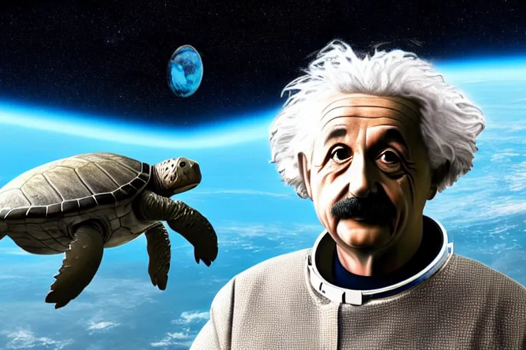 Image similar to still fullbody photo of sad albert einstein in spacesuit, giant flat earth on turtles at background, highly detailed, photorealistic shot, bright studio setting, studio lighting, crisp quality and light reflections, unreal engine 5 quality render