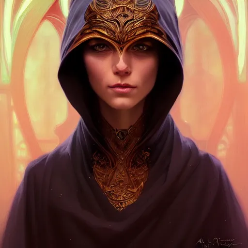 Image similar to portrait of cat wizard wearing a hood, face, fantasy, intricate, elegant, highly detailed, digital painting, artstation, concept art, smooth, sharp focus, illustration, art by artgerm and greg rutkowski and alphonse mucha