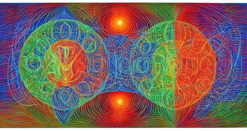 Image similar to the two complementary forces that make up all aspects and phenomena of life, by Alex Grey ,